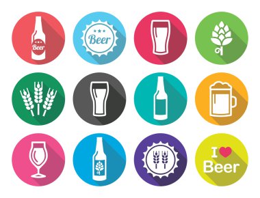 Bira düz tasarım Icons set - şişe, cam, bira yuvarlak