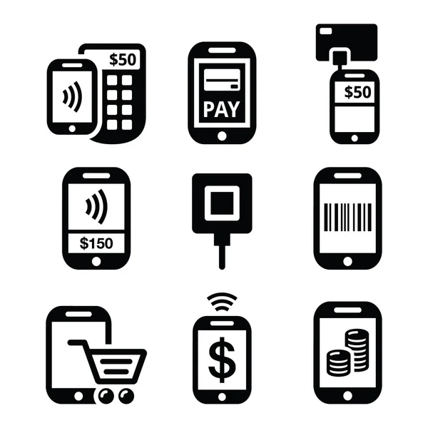 Mobil- vagy mobiltelefon kifizetések, fizet online smartphone ikonok — Stock Vector