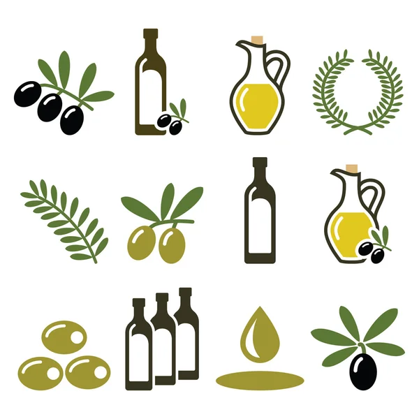 Olio d'oliva, set icone ramo d'ulivo — Vettoriale Stock