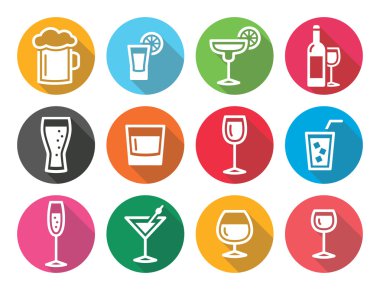 İçki alkol içecek yuvarlak düz tasarım Icons set