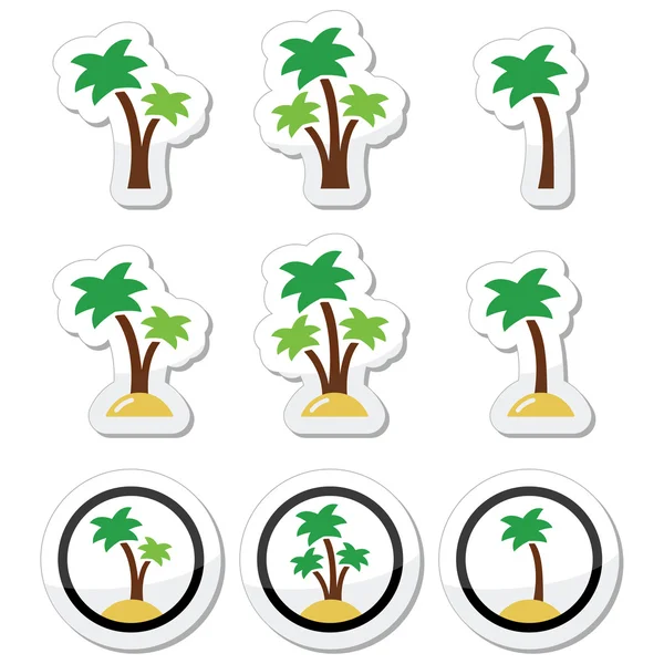 Palmbomen, exotische vakantie op strand vector icons set — Stockvector