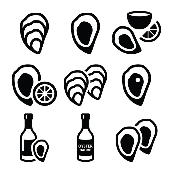 Oysters shell, sauce - sea food icons set — Stock Vector