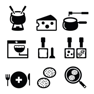 Swiss food and dishes icons - fondue, raclette, rösti, cheese