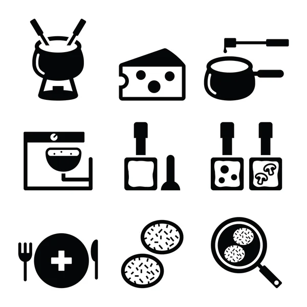 Swiss food and dishes icons - fondue, raclette, rösti, cheese — Stockvector