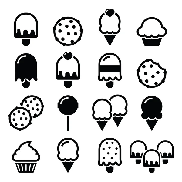 Продукты питания, иконы десертов - кексы, мороженое, печенье, леденец — стоковый вектор