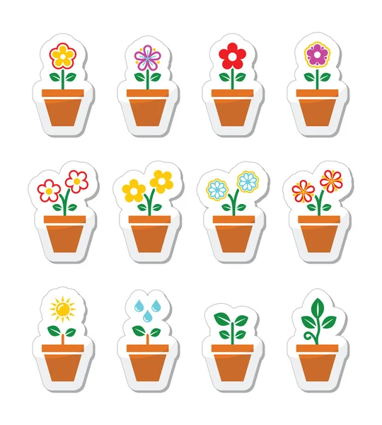 Çiçek, bitki pot vector Icons set içinde — Stok Vektör