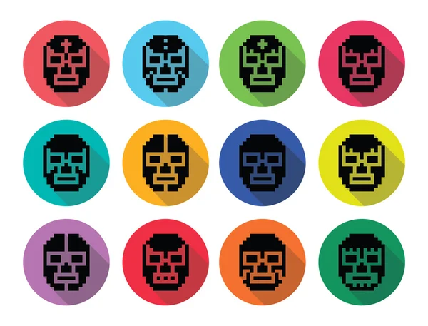 Lucha libre, luchador pixelated mexikanska brottning masker svart ikoner — Stock vektor