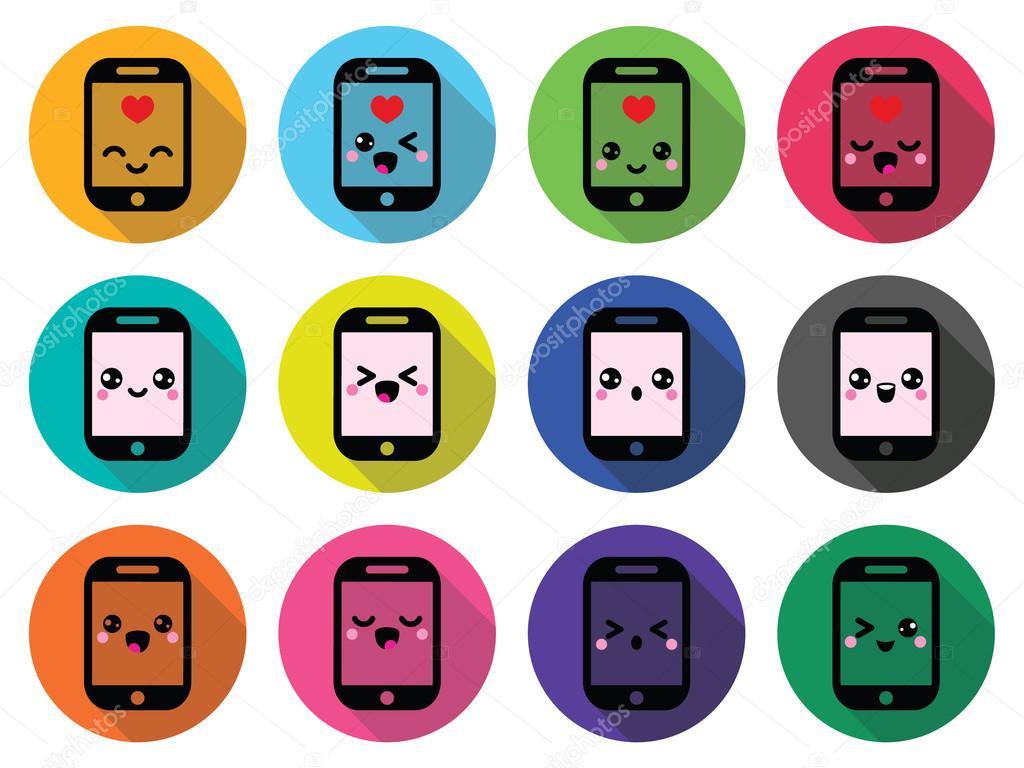 Japanese cute Kawaii character - mobile or cell phone icons set