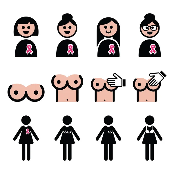Rak piersi, kobieta z różową wstążką ikony zestaw — Wektor stockowy