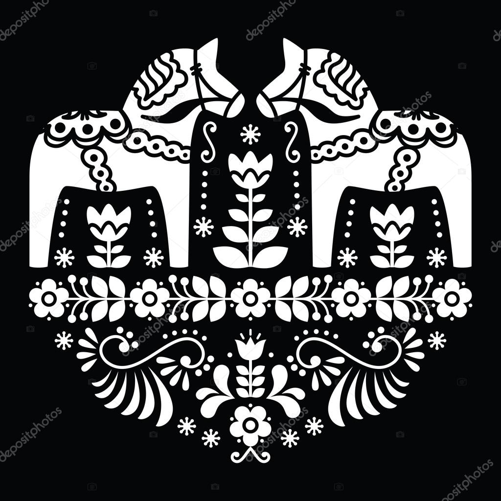 Swedish Dala or Daleclarian horse floral folk pattern on black