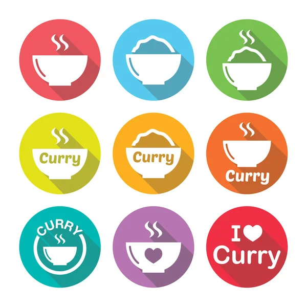Curry, conjunto de iconos de comida picante india — Vector de stock