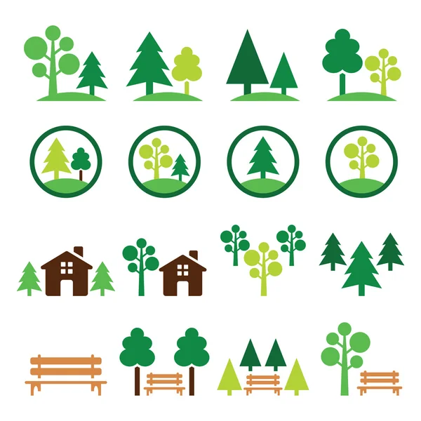 Árboles, bosque, parque vector iconos verdes conjunto — Vector de stock
