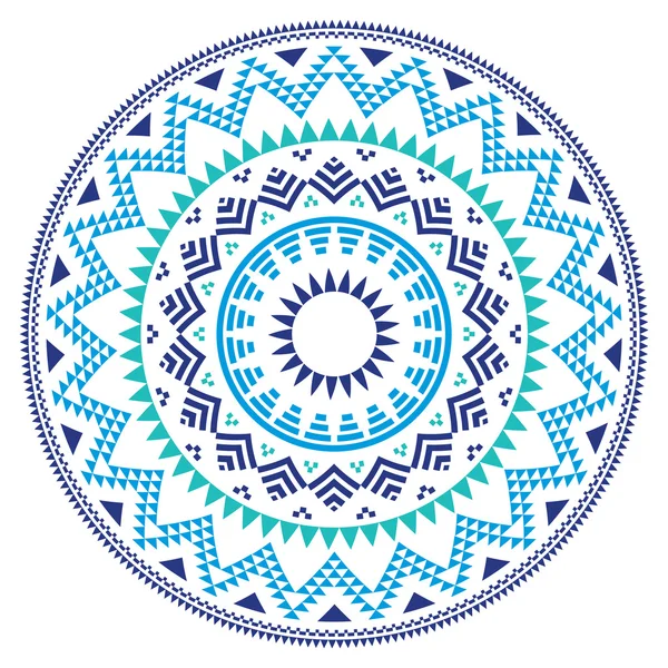 Tribal folk Aztec geometric pattern in circle - blue, navy and turquoise — Stock Vector