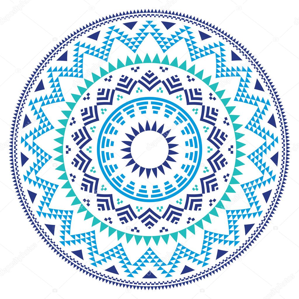 Tribal folk Aztec geometric pattern in circle - blue, navy and turquoise