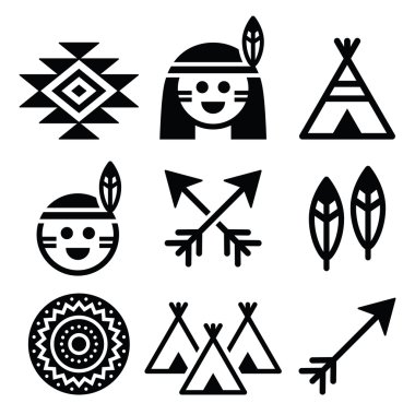 Indian American, indigenous people and culture icons set clipart