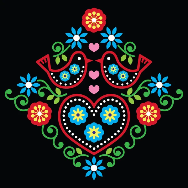 Patrón de vectores florales de arte popular en negro — Vector de stock