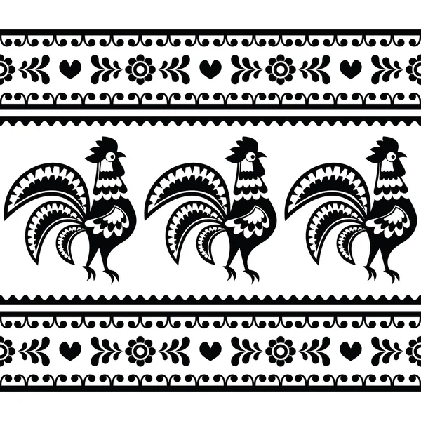 Seamless Polish monochrome folk art pattern with roosters - Wzory lowickie — Stock Vector