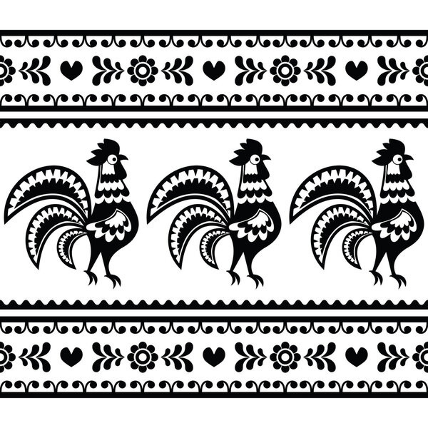 Seamless Polish monochrome folk art pattern with roosters - Wzory lowickie