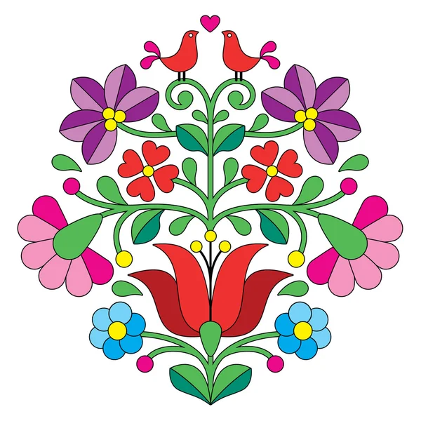 Bordado Kalocsai - Patrón folclórico floral húngaro con pájaros — Vector de stock