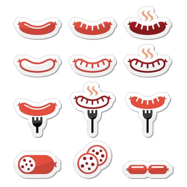 Salchicha, a la parrilla, con tenedor iconos de colores conjunto — Vector de stock