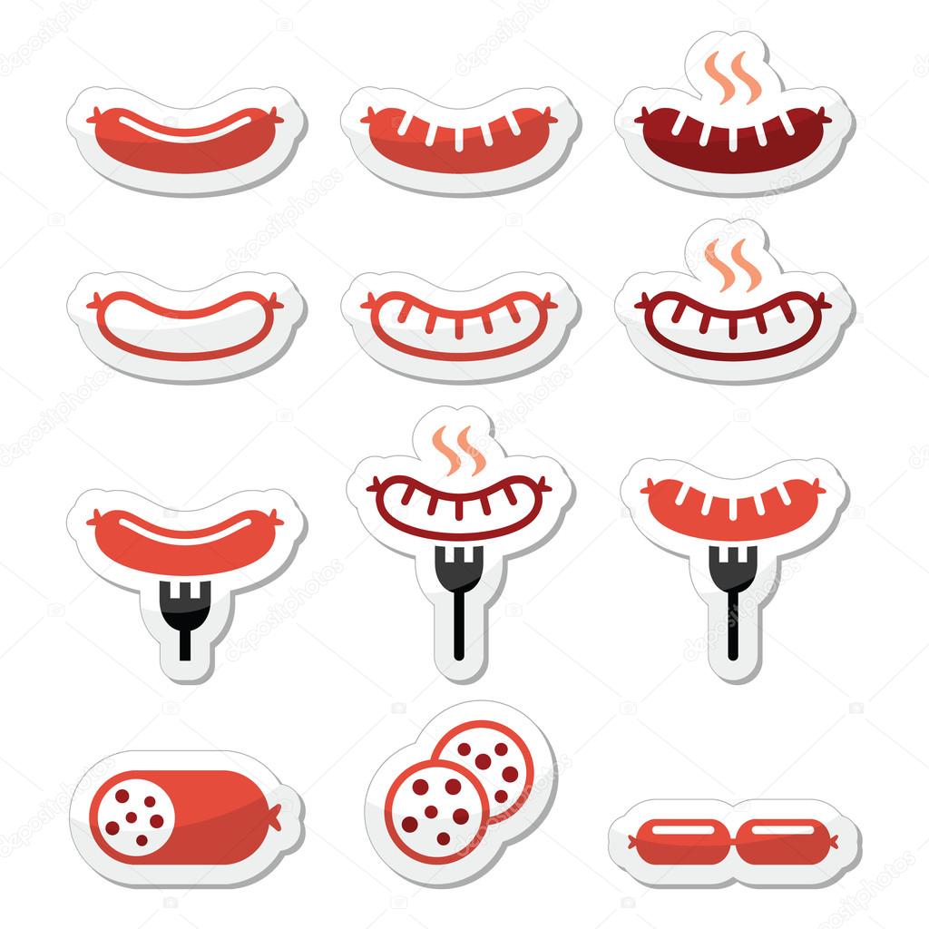 Sausage, grilled, with fork colorful icons set