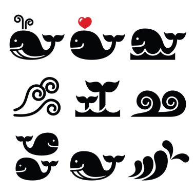 Balina, deniz ya da okyanus Icons set dalgalar