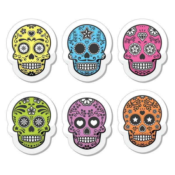 Cráneo de azúcar mexicano, conjunto de iconos de Dia de los Muertos — Vector de stock