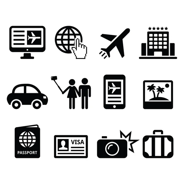 Travel and tourism, booking holidays icons set — Stock Vector
