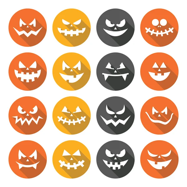 Scary Halloween calabaza caras diseño plano iconos conjunto — Vector de stock