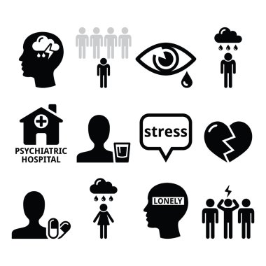 Mental health icons - depression, addiction, loneliness concept clipart