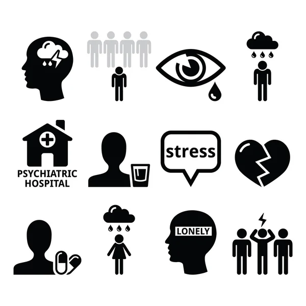 Iconos de salud mental - depresión, adicción, concepto de soledad — Vector de stock