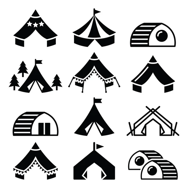 Glamping, lujosas tiendas de campaña y casas de bambú iconos conjunto — Archivo Imágenes Vectoriales