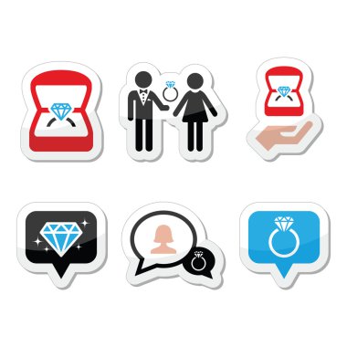 Nişan, elmas yüzük kutusu vector Icons set