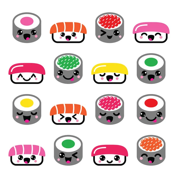 Χαριτωμένο Kawaii σούσι - Ιαπωνικά τροφίμων εικονίδια διάνυσμα που — Διανυσματικό Αρχείο