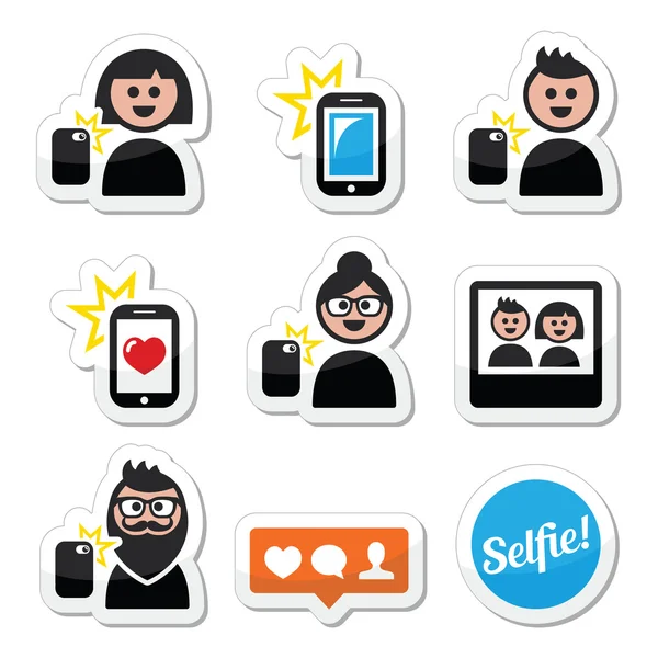 Hombre, mujer tomando selfie con el teléfono móvil o celular iconos conjunto — Vector de stock