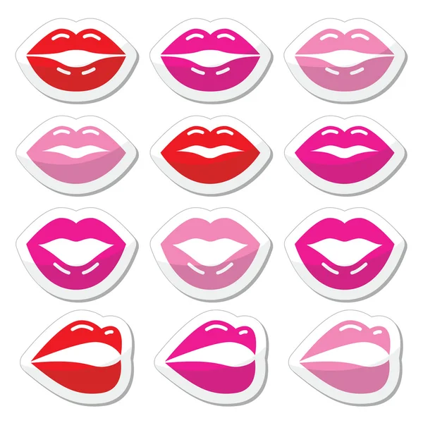 Labios, beso rojo, rosa y negro iconos brillantes — Archivo Imágenes Vectoriales