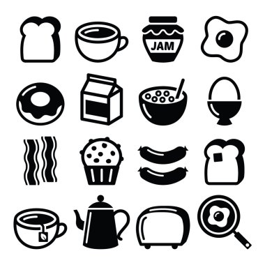 Kahvaltı yemek vector Icons set - kızarmış ekmek, yumurta, pastırma, kahve