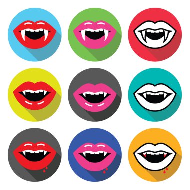 Vampir ağız, vampir dişler düz tasarım Icons set vektör
