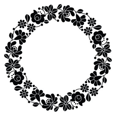 Kalocsai black embroidery in circle - Hungarian floral folk pattern