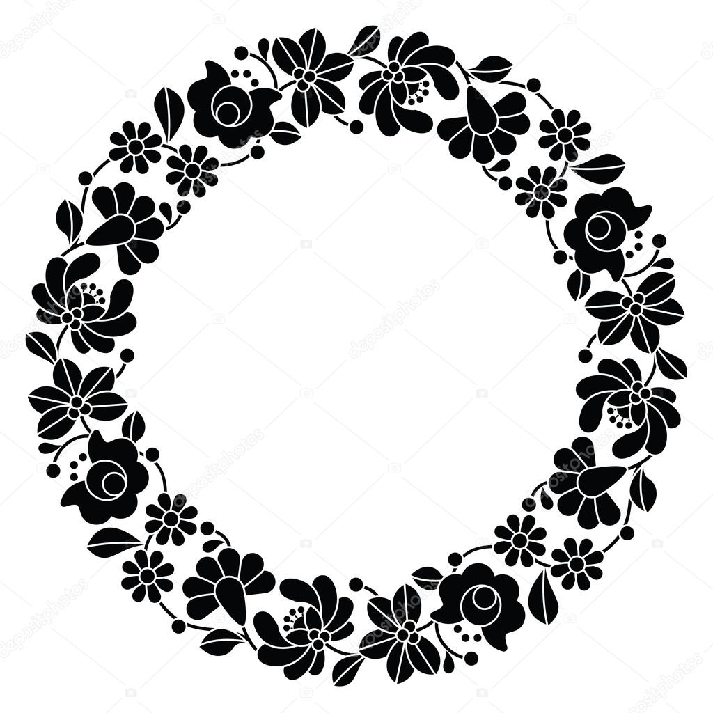 Kalocsai black embroidery in circle - Hungarian floral folk pattern