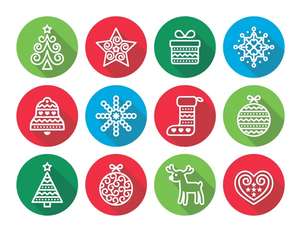 Kerst plat pictogrammen iconen - Xmas aanwezig, boom, rendier — Stockvector