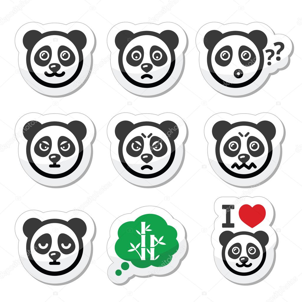 Panda bear icons set - happy, sad, angry isolated on white