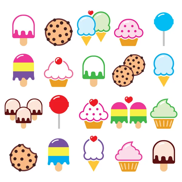 Cupcake, fagylalt, cookie, nyalóka ikonok — Stock Vector