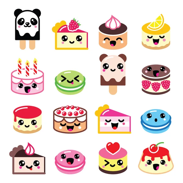 Lindo postre Kawaii - pastel, macarrones, iconos de helado — Vector de stock