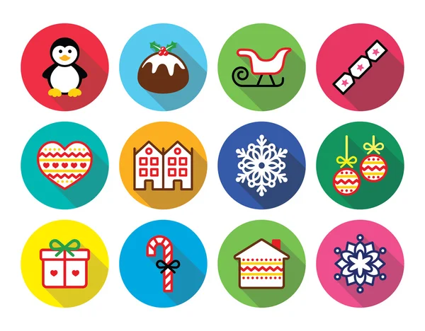 Navidad, iconos de diseño plano de invierno - pingüino, pudín de Navidad — Archivo Imágenes Vectoriales