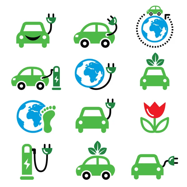 Elektrikli Araba, yeşil ya da eko taşıma simgeler kümesi — Stok Vektör