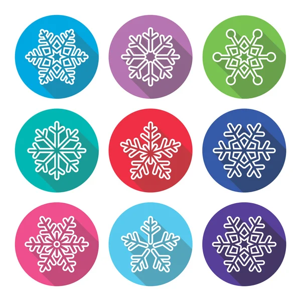 Fiocchi di neve, design piatto invernale, set di icone lunghe ombre — Vettoriale Stock