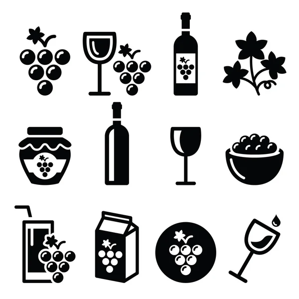 Conjunto de iconos de uvas, vino, alimentos y bebidas — Archivo Imágenes Vectoriales