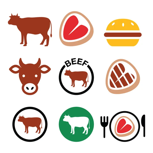 Carne de bovino, conjunto de ícones vetoriais de vaca — Vetor de Stock
