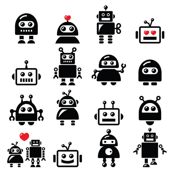 Männliche und weibliche Roboter, künstliche Intelligenz (ai) Symbole gesetzt — Stockvektor